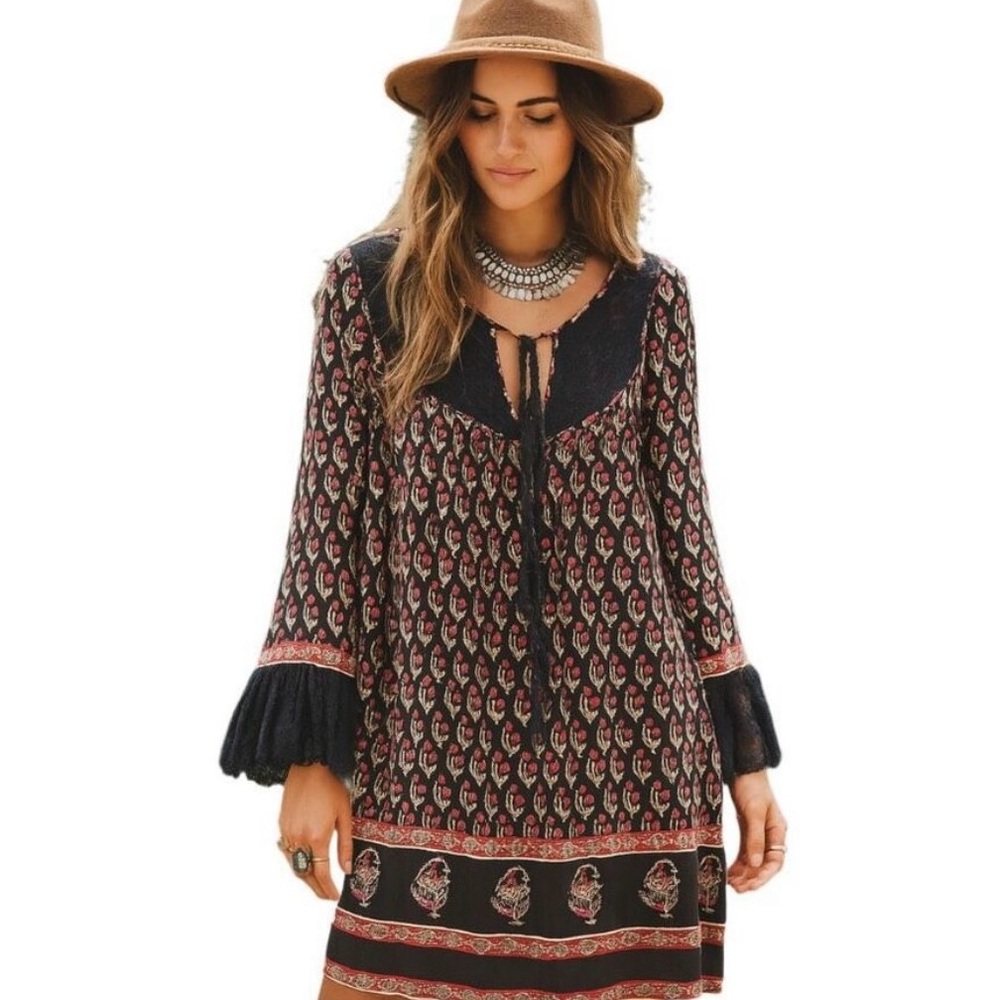 Free People Black and Red Long Sleeve Dress